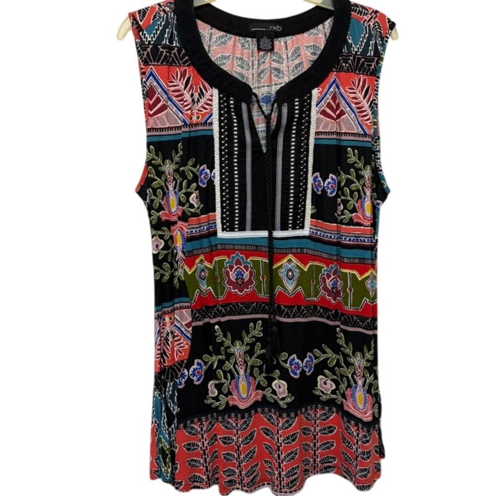 RXB Boho Geometric Floral Sleeveless Tunic Blouse - Multicolor L Rayon